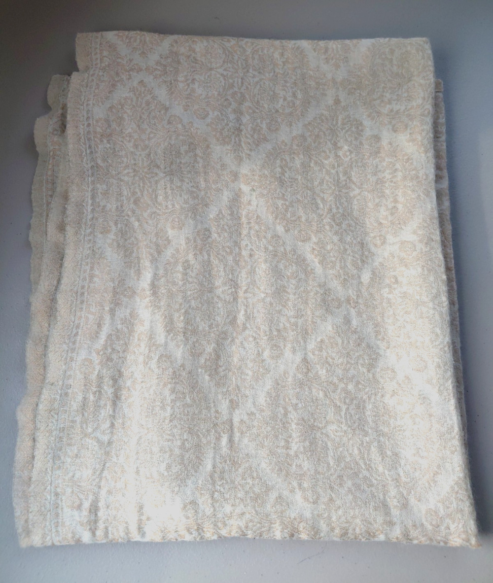 Vintage Sheer Wool Scarf Cream and Gold Damask Jacquard Design 30X72 Chic Luxury